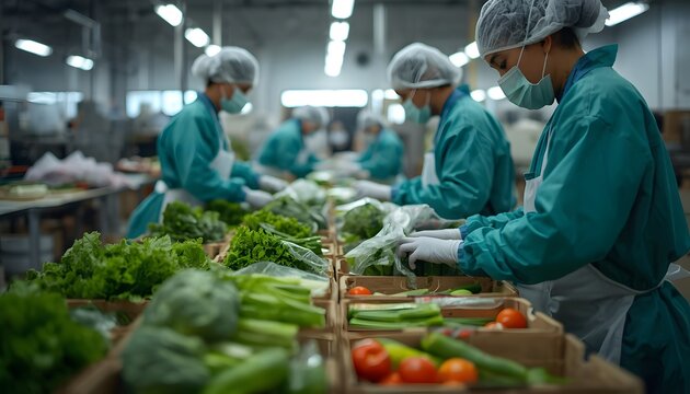 Fresh produce is carefully packaged by workers wearing masks and gloves in a sterile food processing facility ensuring quality and safety