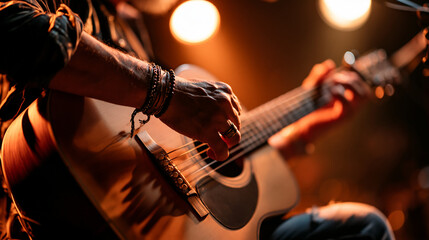 Obraz premium Acoustic Guitar Performance: Musician Strumming in Live Concert with Vibrant Lighting and Emotional Expression