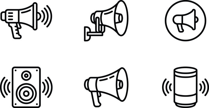 Megaphone and audio speaker line icon set featuring public announcement horn broadcasting warning sound and smart speaker elements