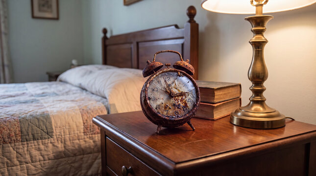  An old rusty and broken vintage alarm clock with a cracked face on a wooden nightstand in a bedroom