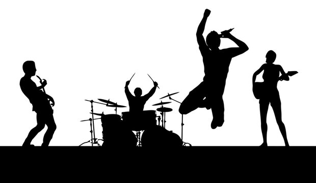 Rock band silhouettes performing on stage with singer jumping, energetic concert