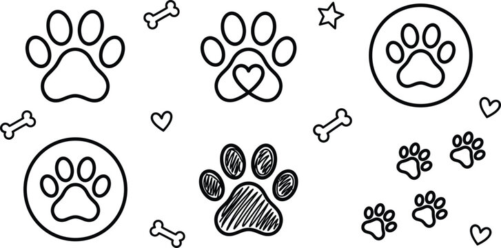 Dog and cat paw print outline icon set with pet hearts bones stars and animal footprint pattern elements