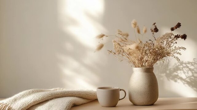 A simple table holds a flower vase and a cup in morning light. The vase has dried flowers and there is a fabric draped beside it. Shadows dance on the wall as light filters through