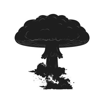 A large black silhouette of a mushroom cloud on white background