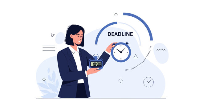 Businesswoman holding stopwatch and timer, illustrating deadline concept with abstract shapes and icons.