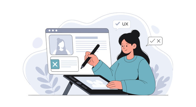 Graphic designer working on UX interface on tablet, vector illustration representing creativity and digital design process