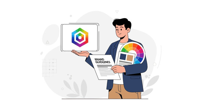 Graphic designer presenting brand identity guidelines with color palette and logo on tablet