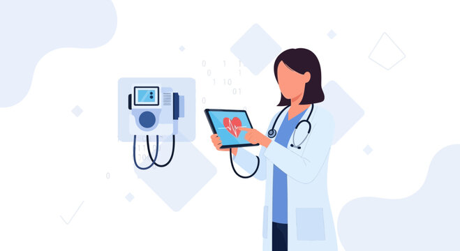 Doctor Using Digital Tablet for Heart Health Monitoring with Medical Equipment