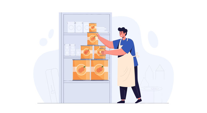 Grocer Arranging Canned Goods on Shelves in a Modern Store, Vector Illustration