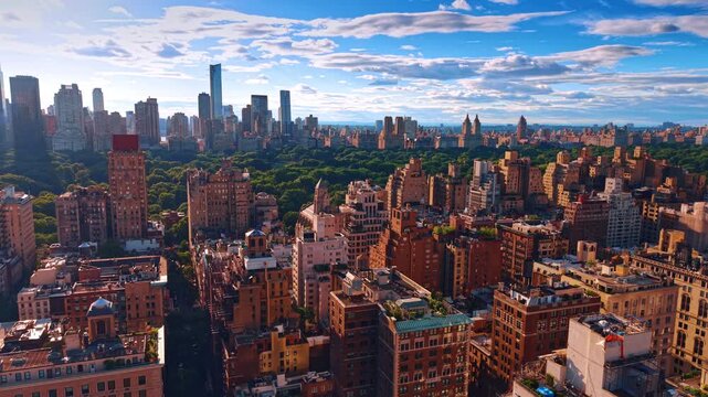 Beautiful historic residential blocks of the Upper East Side, Manhattan, New York City, USA. Golden-hour aerial panorama with the view on Central Park.