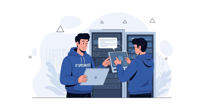 IT Specialists Working Together in Server Room, Technology Concept Illustration