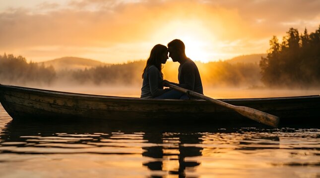Silhouette of romantic couple in wooden boat on misty lake at sunset