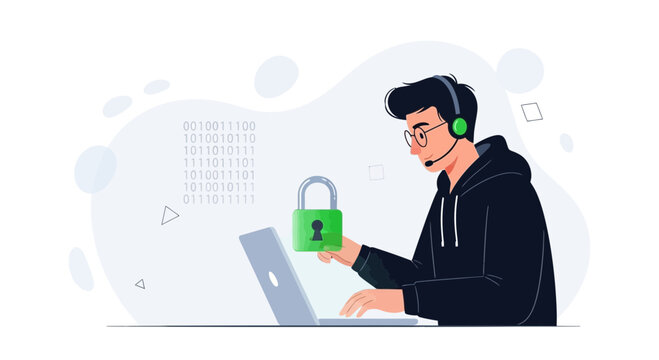 Cybersecurity Professional with Laptop and Padlock Icon, Digital Security Concept