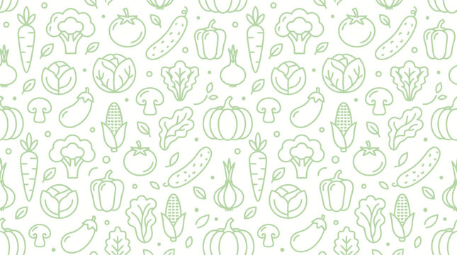 Seamless pattern featuring green outline vegetable icons on white