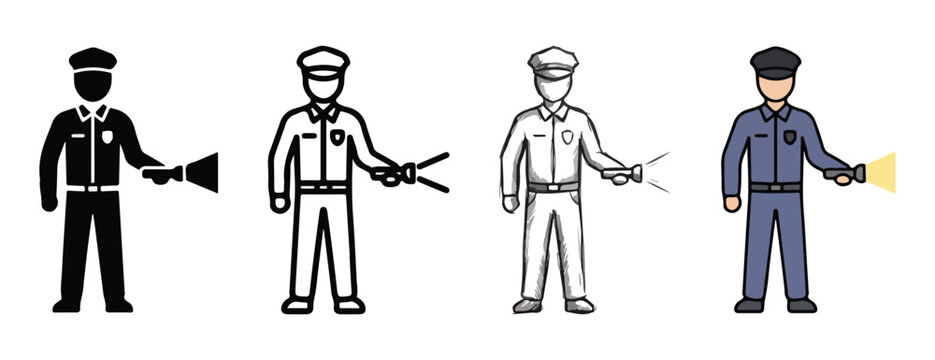 Four distinct graphic representations of a police officer holding a flashlight showcasing different 