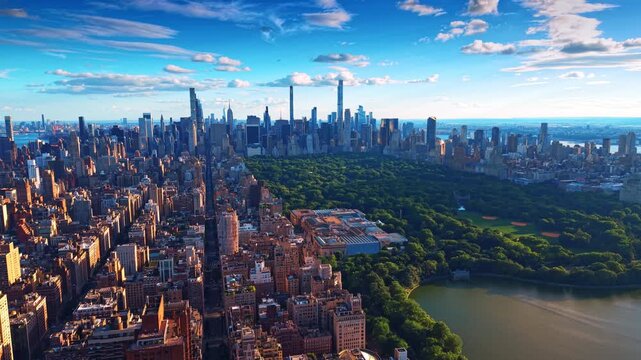Rising over historic residential blocks of Manhattan. Scenery of gorgeous green Central Park at sunset time.