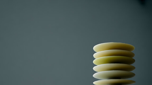 A stack of six round yellow objects on a dark gray background