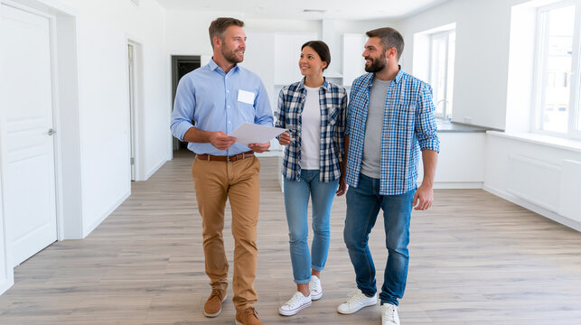 Real Estate Property Viewing: Couple's Journey in Modern Design Home with Spacious Interiors and Natural Light