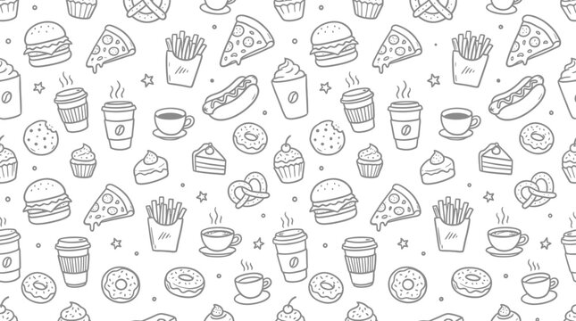 Fast food and coffee doodle seamless pattern background