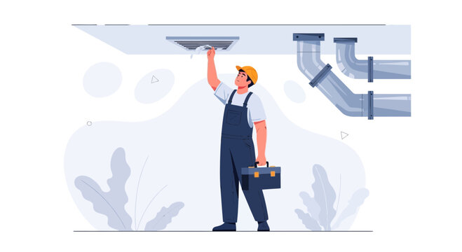 Plumber working on ceiling vent and pipes, professional service, repair, maintenance, illustration.