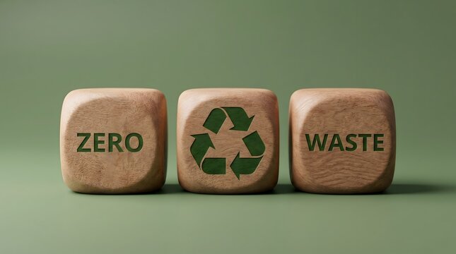 Zero Waste And Recycle Symbol On Wooden Cubes Against Green Background
