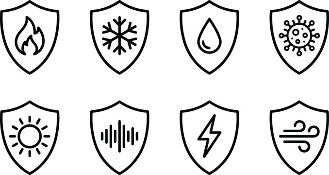 Shield protection line icon set featuring fire waterproof frost virus sun sound electricity and wind resistance property symbols