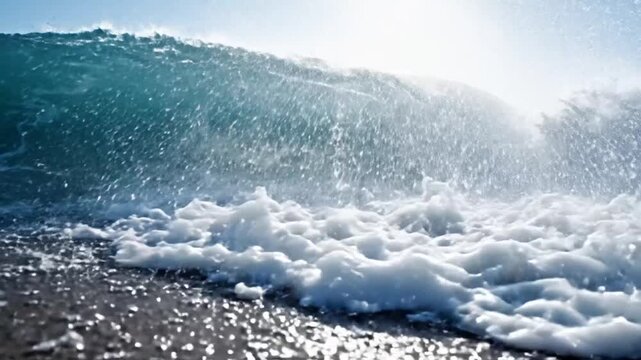 Ocean wave cresting and breaking with sun shining through the turquoise water and white foam, ideal for summer backgrounds