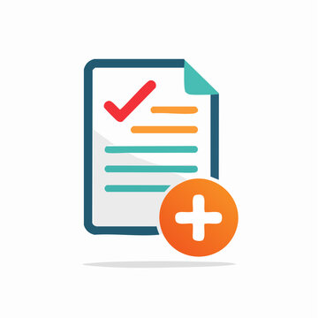 Flat design icon of a document with a checklist and plus sign