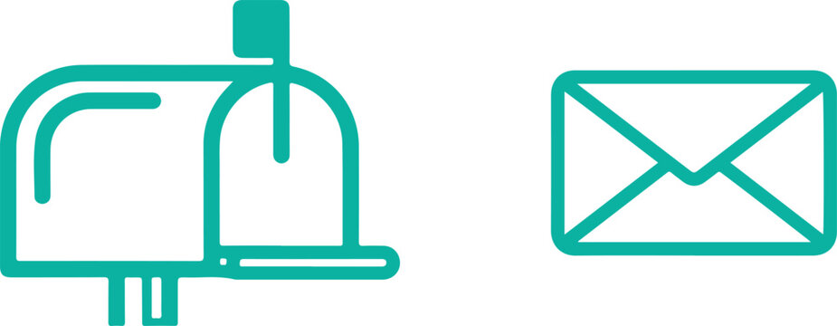 Minimalist teal mailbox and envelope icons set for digital communication interfaces
