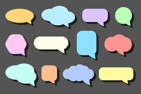 Colorful speech bubble vector icon set with modern chat symbols. Collection of colorful speech bubble vector icons in modern rounded shapes with soft pastel colors and bold shadows