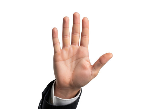 A person in a business suit showing an open palm hand gesture representing a stop or high five sign isolated on transparent background