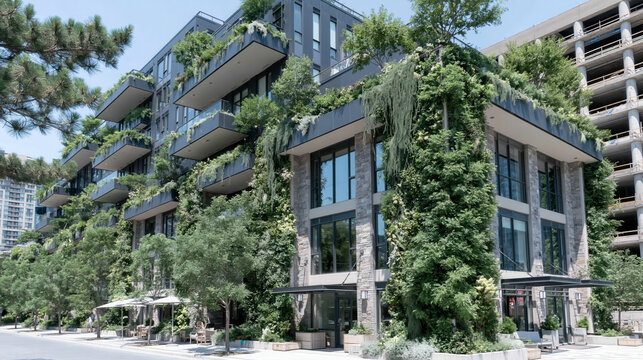 Modern apartment building urban architecture green facade vertical garden balcony tree glass window summer city street sustainable design blends nature with contemporary living