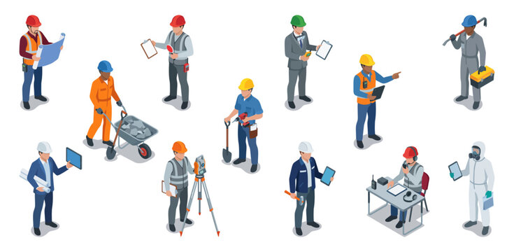 Demolition and site clearance teams working on construction project | Industrial builder character set | Isometric vector illustration