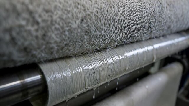 Close medium angle showing felt fabric guiding paperboard through press nips emphasizing material texture and fluid drainage during dewatering.