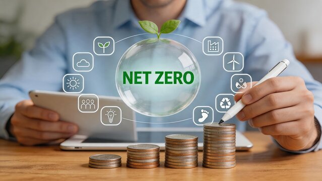 Sustainable finance and net zero investment growth concept featuring a green earth globe, renewable energy icons, and ascending coin piles symbolizing profitable eco-conscious