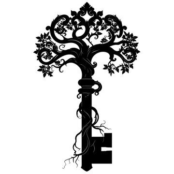A black silhouette of an ornate key shaped like a tree