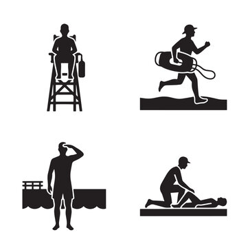 Lifeguard silhouettes in water safety and rescue actions