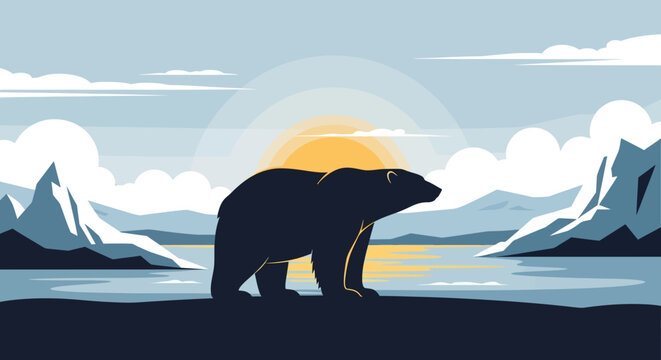 Polar Bear Walking in Arctic Landscape with Sun and Icebergs