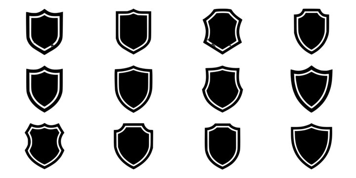 Shield Icons Set on White Background, Black Line Art Badges with Varied Shapes and Clean Vector Style for Protection Theme