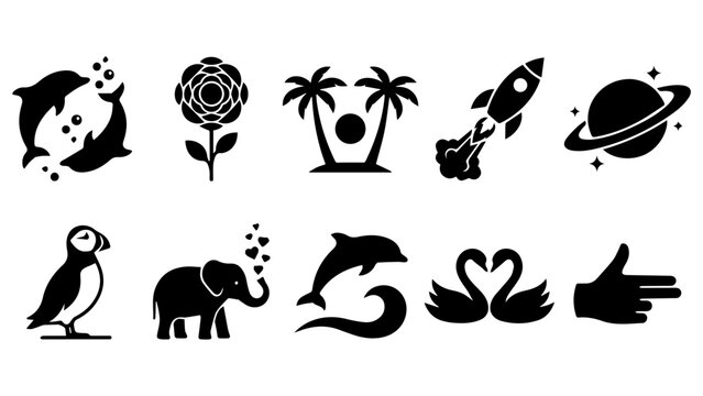 10-Piece Minimal Silhouette Icon Pack - Animals, Nature, Space, Gestures