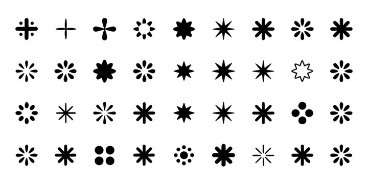 Decorative Star and Flower Icons Pattern with Varied Sparkles, Dots, and Crosses in a Seamless Black Motif