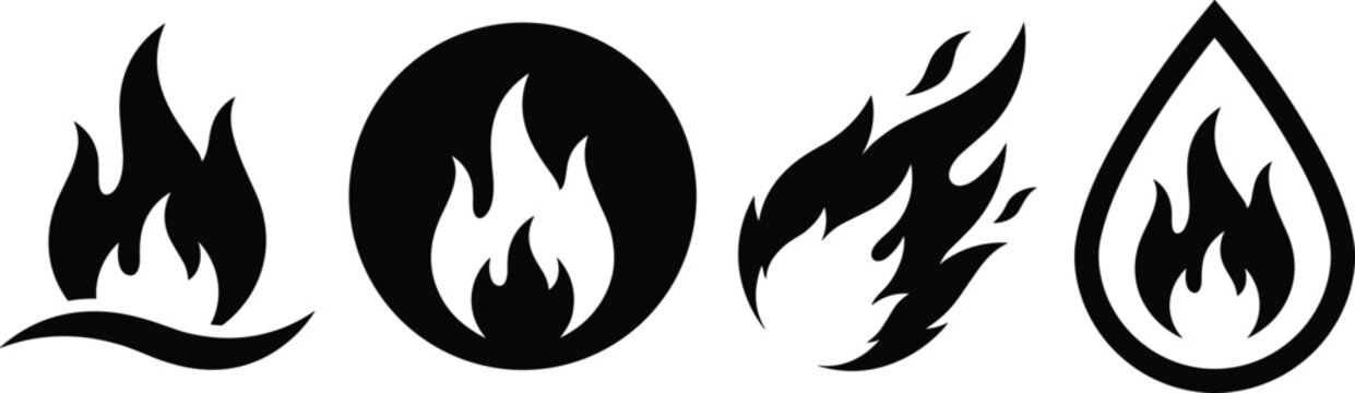Fire flame icon set with black silhouette bonfires in circle and teardrop frames for emergency warning campfire or hot energy