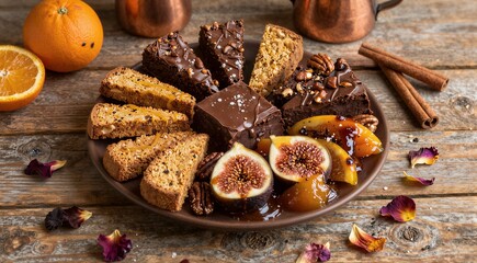 Fototapeta premium Assorted baked goods with figs and chocolate on rustic board