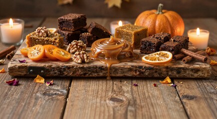 Fototapeta premium Autumn desserts arranged on wooden board with pumpkin