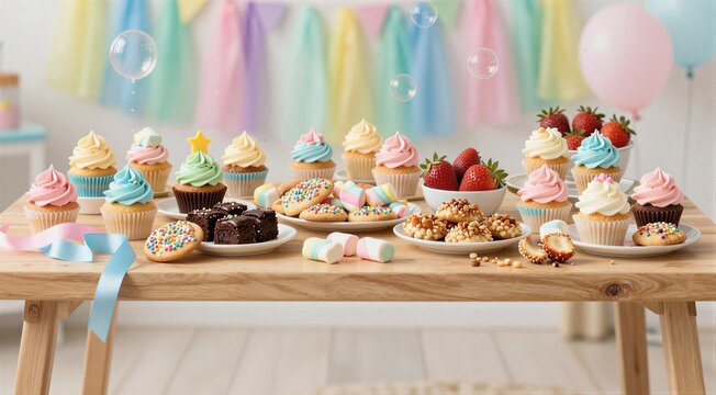 Assorted cupcakes and sweets arranged on party table