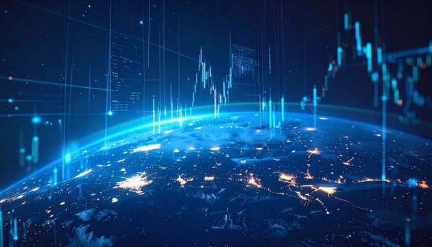 Artificial intelligence analyzing global financial markets with glowing stock charts