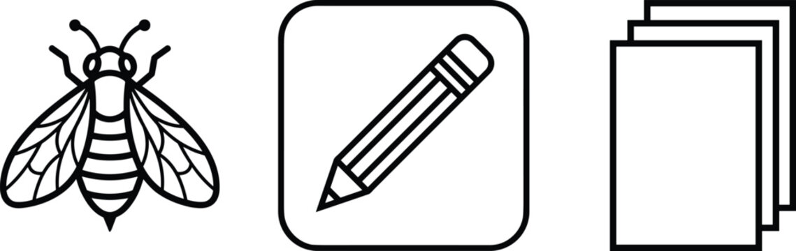 Minimalist outline icon set featuring a detailed honey bee pencil in square frame and stacked paper document sheets