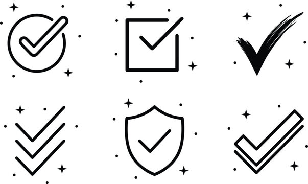 Checkmark icon set with tick symbols in circle square and shield shapes for checklist approval and successful safety compliance