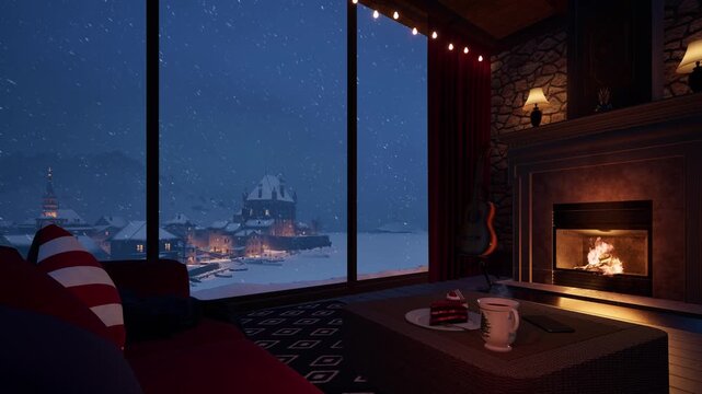A cozy winter room with a blazing fireplace and a view of a snow-covered city during a snowfall. 3D animation.