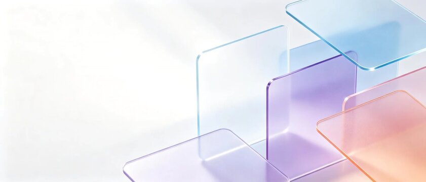 Stacked overlapping transparent rounded square glass panels in soft pastel blue purple pink colors against bright clean white background for modern minimal design